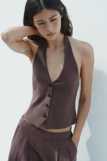 HALTERNECK-VEST MED BINDEBÅND - aubergine fra Zara