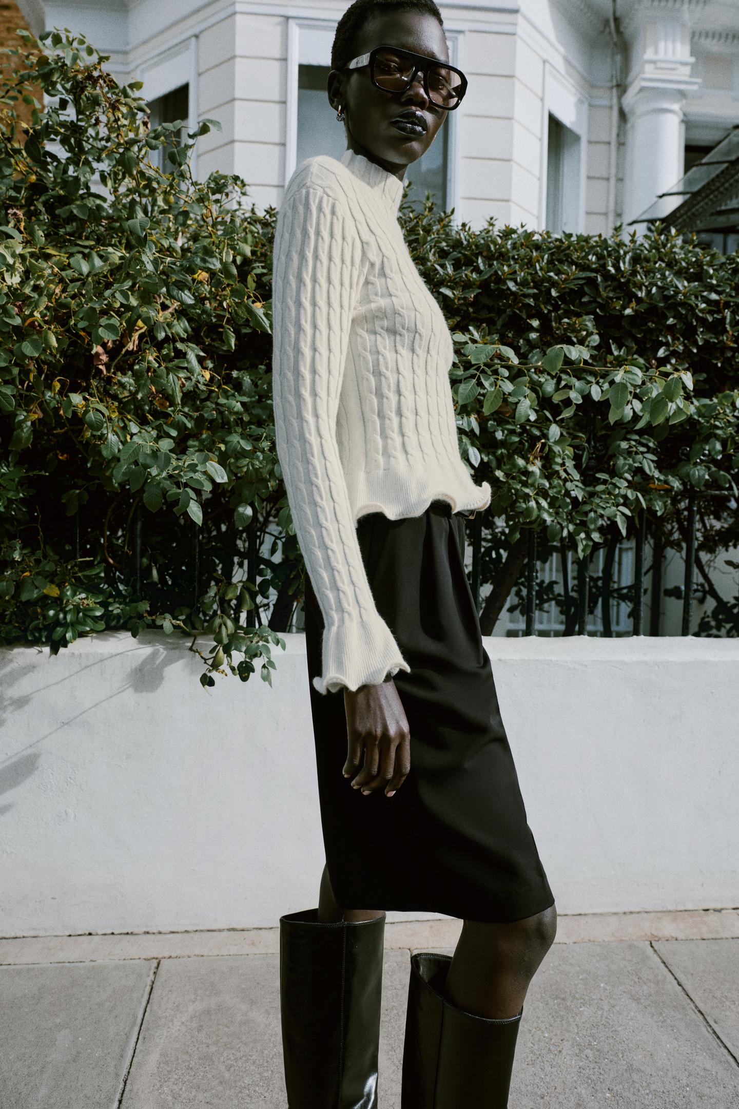 Женский свитер Zara Cable Knit Ruffle, цвет: Экрю — фото 6