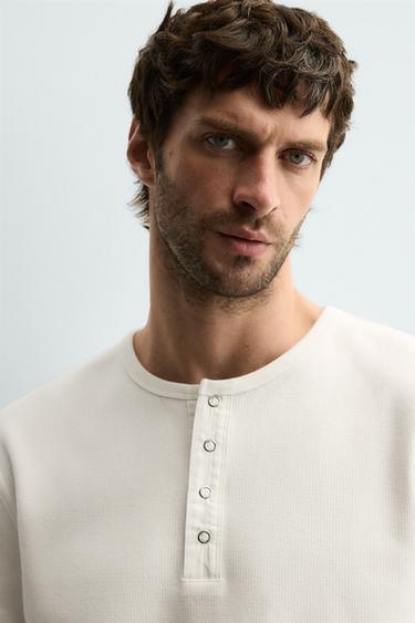 RIB KNIT GRANDAD COLLAR T-SHIRT - Oyster-white by Zara - Image 4