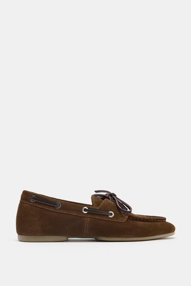 SPLIT SUEDE TOPSTITCHED LOAFERS - Brown by Zara