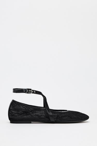 DOUBLE STRAP LACE BALLERINAS - Black by Zara - Image 0