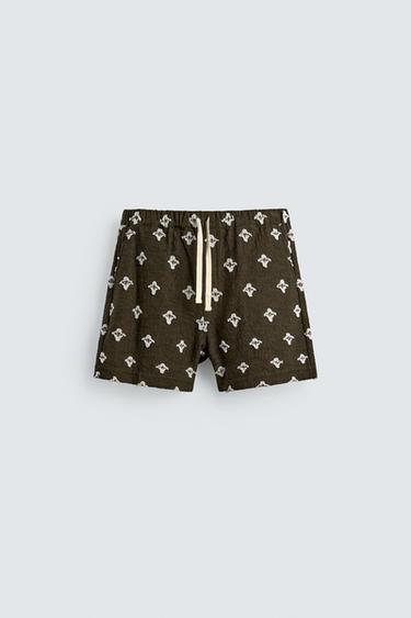 Zara RELAXED FIT TEXTURED JACQUARD SHORTS - Dark khaki