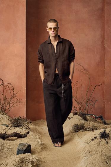100% LINEN SEMI-SHEER SHIRT - Brown by Zara - Image 0