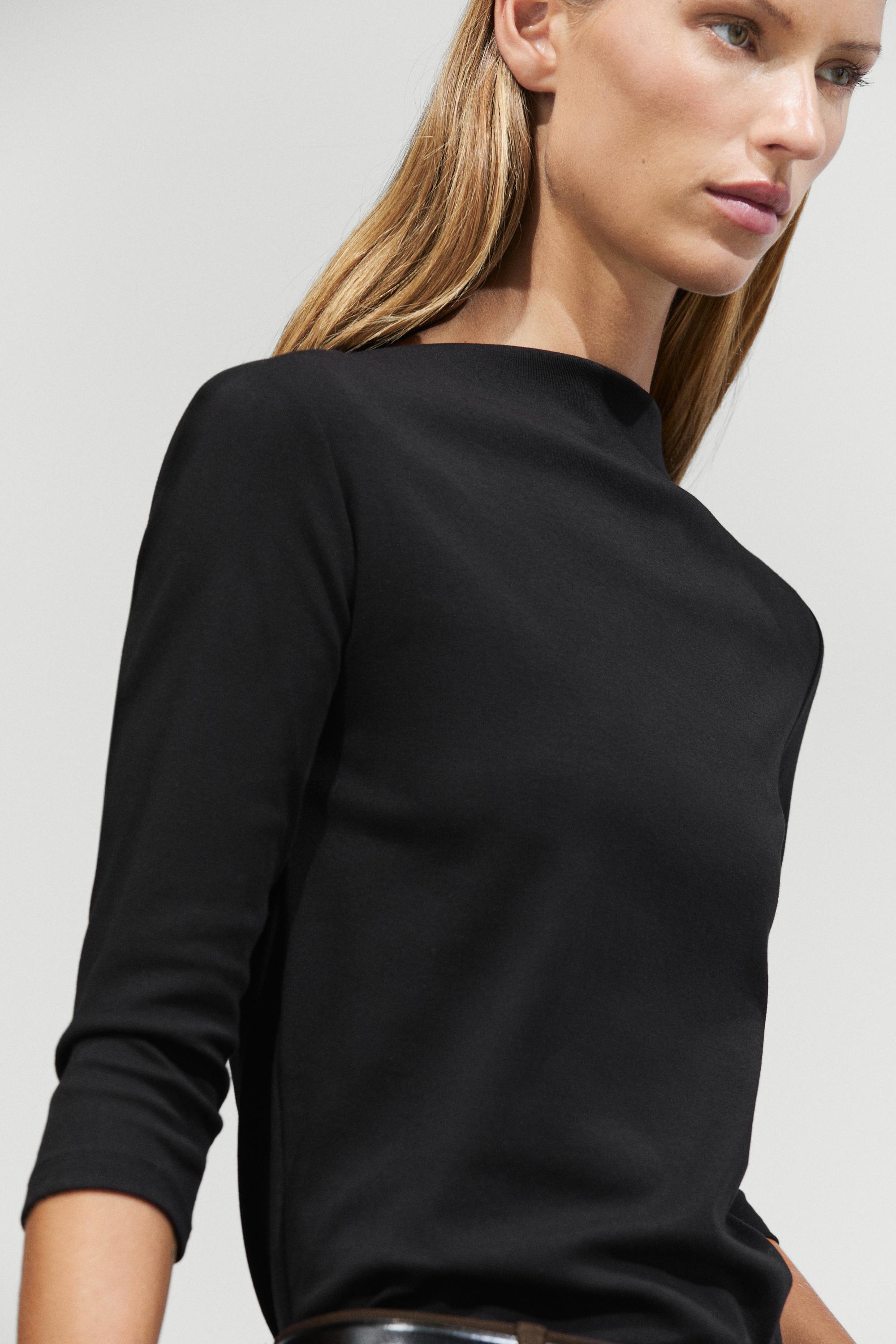 Stretch cotton blend mock neck T-shirt