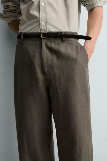 100% LINEN STRAIGHT-LEG TROUSERS - Grey green by Zara - Image 5