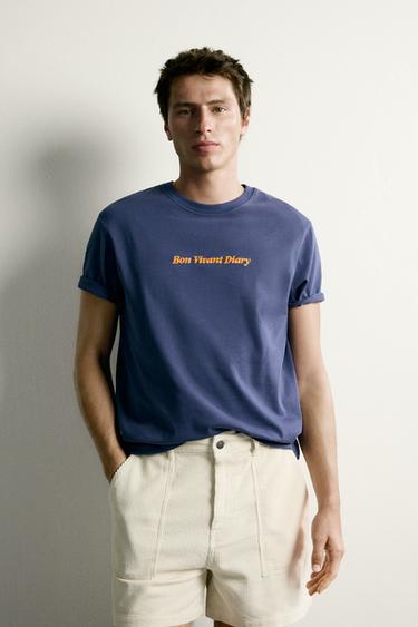 Zara RELAXED FIT EMBROIDERED T-SHIRT - Navy blue