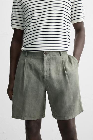100% LINEN PLEATED BERMUDA SHORTS - Green by Zara - Image 5