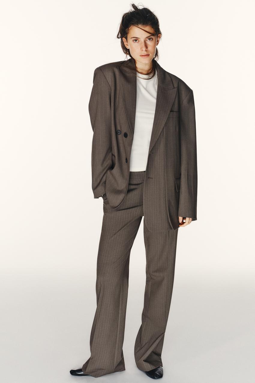Zara - Oversized Double Weave Striped Blazer - Brown / Ecru - M-L - Woman