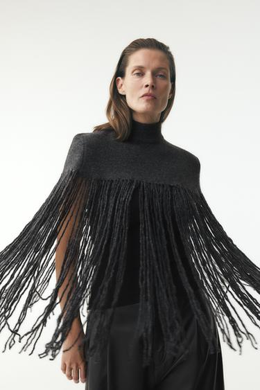 KNIT CAPE WITH FRINGING - Dark grey by Zara