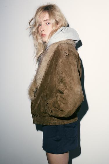 BLOUSON EN CUIR 100% DAIM AVEC EFFET FOURRURE - Kaki de Zara - Image 4