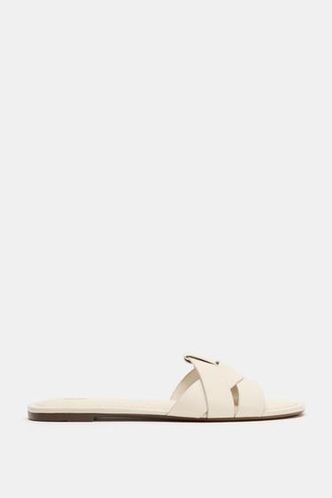 CROSSED FLAT LEATHER SANDALS - White by Zara