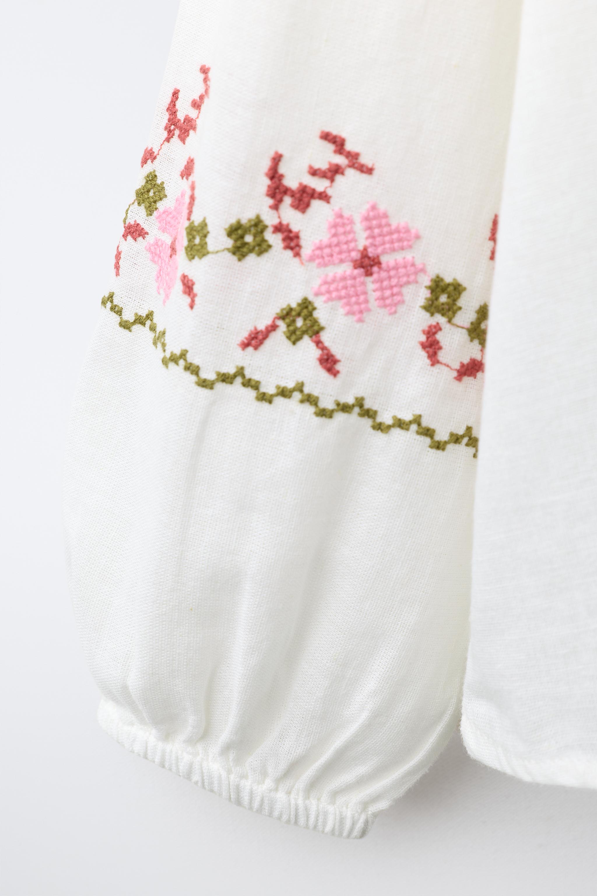Детские рубашки Zara COTTON-LINEN CROSS-STITCH EMBROIDERED SHIRT — фото 5