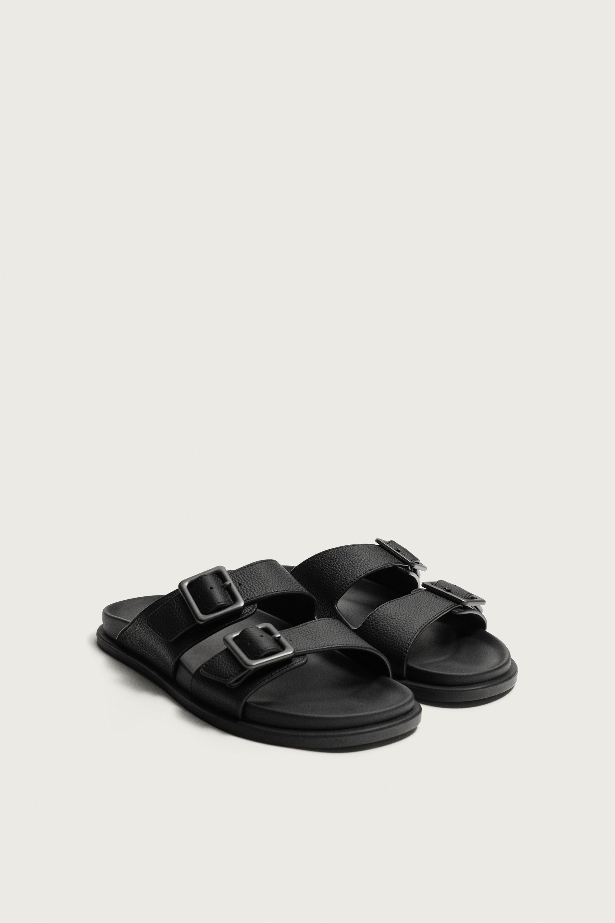 Tumbled Leather Strap Sandals — Black