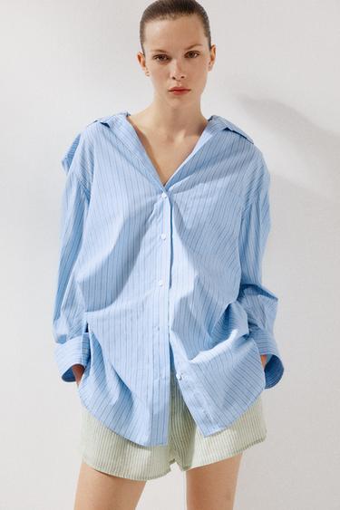 CHEMISE OVERSIZE EN POPELINE RAYÉE - Bleu de Zara
