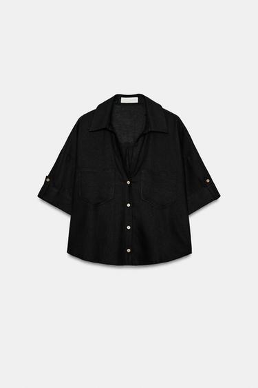 CAMISA CROP MEZCLA LINO BOTONES - Negro de Zara