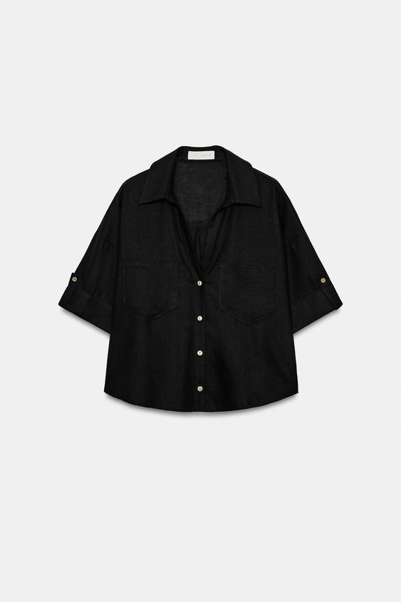 CAMISA CROP EM MISTURA DE LINHO COM BOTÕES - Preto da Zara - Imagem 0