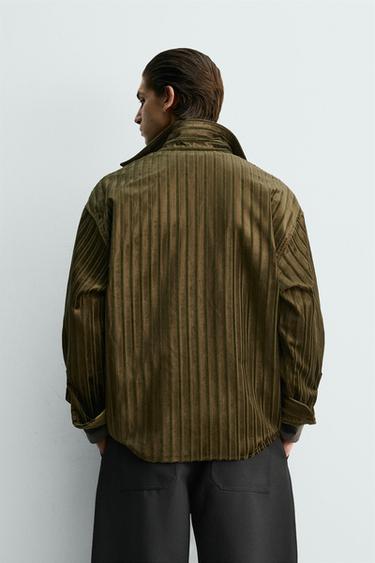 Zara STRIPED VELVET EMBOSSED SHIRT - Dark green