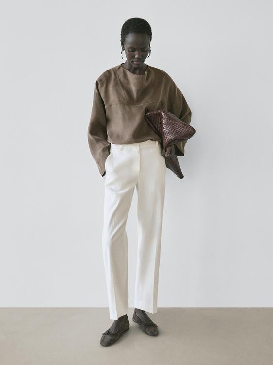 Straight-leg linen blend trousers