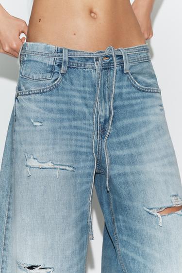 Zara TRF MID-RISE RIPPED BAGGY JEANS - Light blue