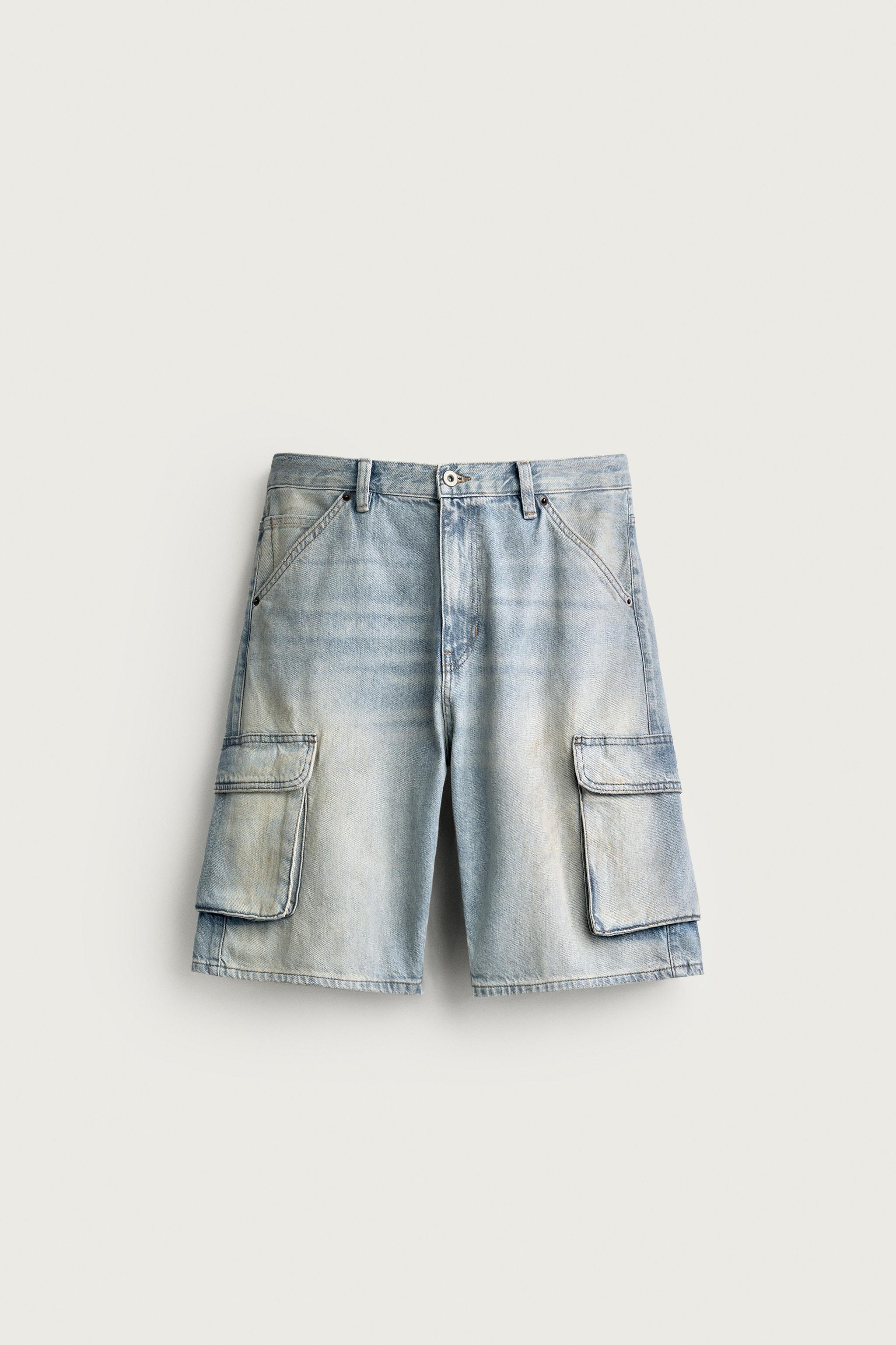 VINTAGE-EFFECT BAGGY CARGO SHORTS — Blue