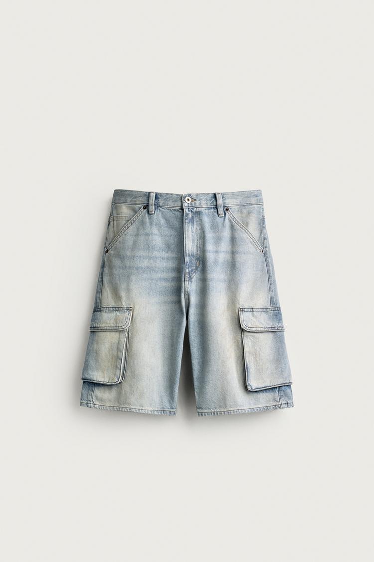 VINTAGE-EFFECT BAGGY CARGO SHORTS — Blue