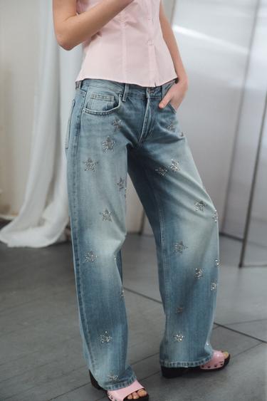 TRF WIDE-LEG RHINESTONE LOW-RISE JEANS - Blue by Zara