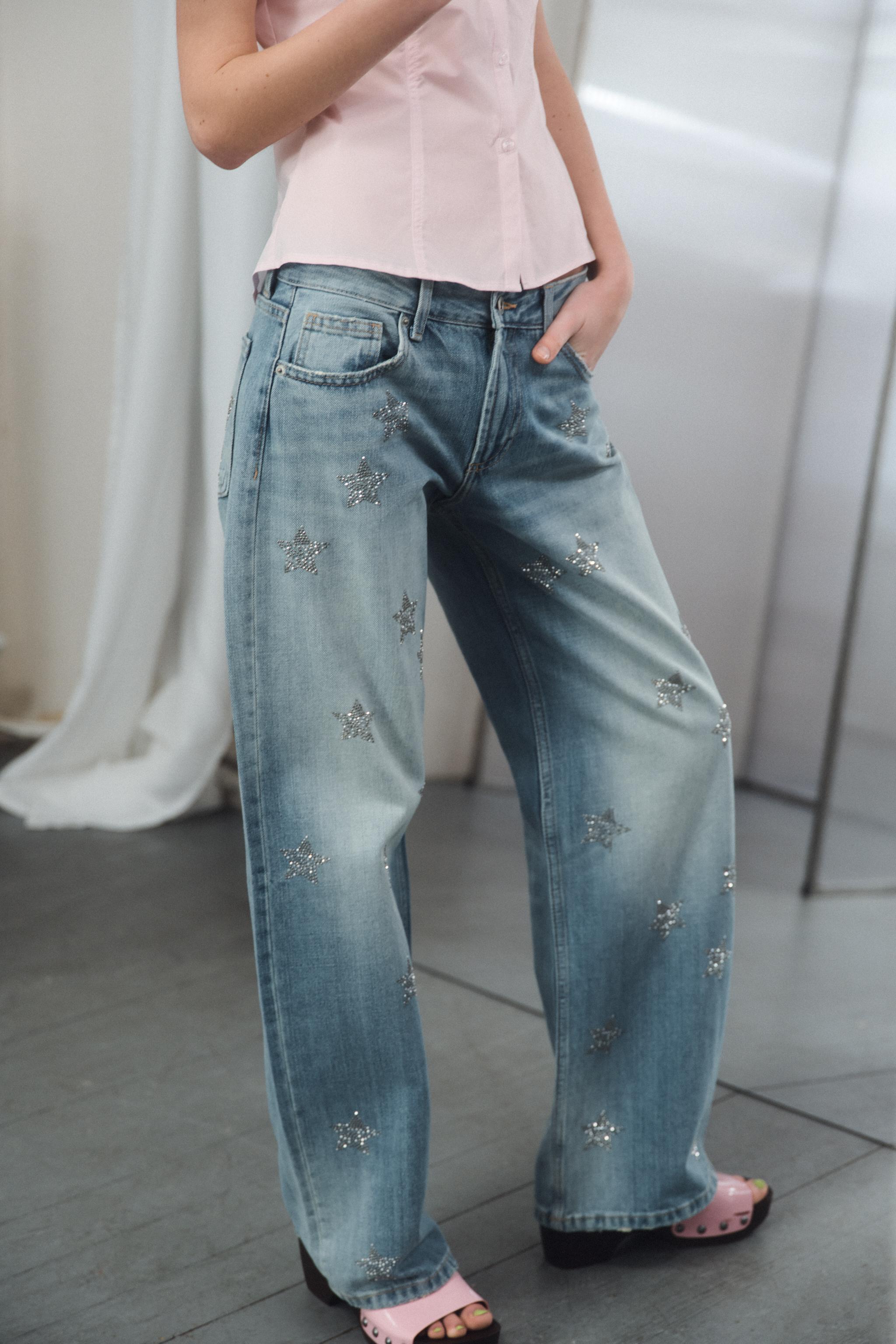 TRF LOW RISE WIDE LEG RHINESTONE JEANS