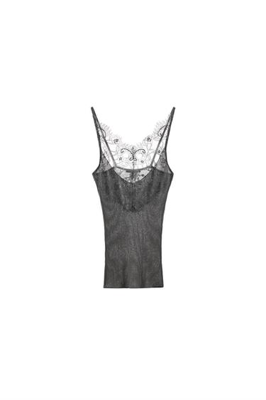 KNIT LACE STRAP TOP - Grey by Zara