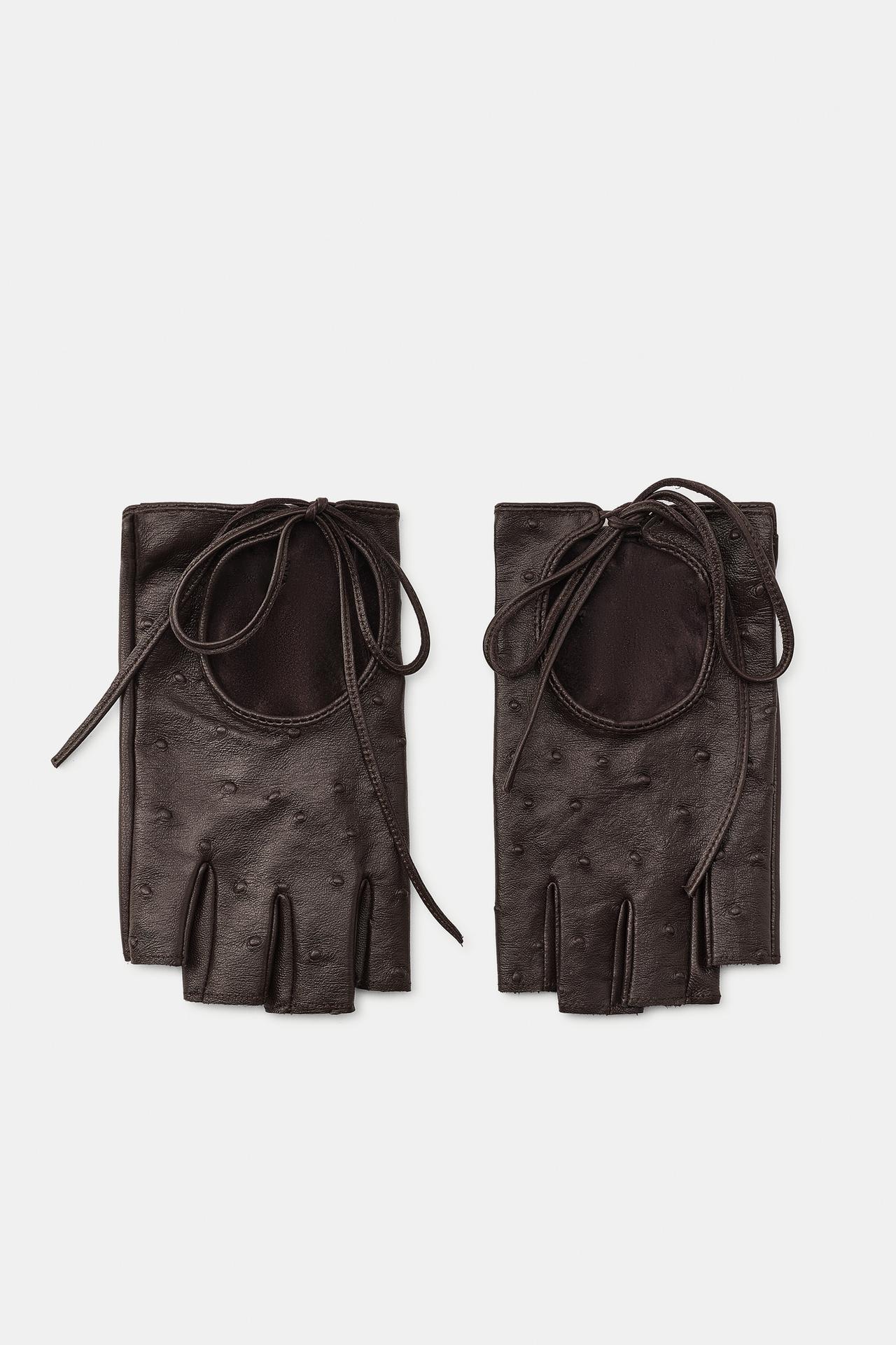 100% LEATHER TIE MITTENS — Brown