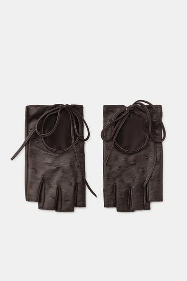 100% LEATHER TIE MITTENS — Brown 2