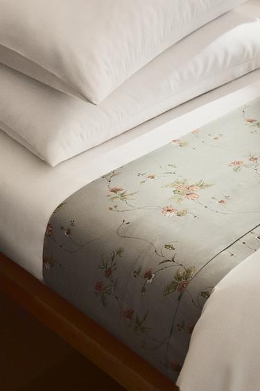 FLORAL BRANCH SATEEN FLAT SHEET (300 THREAD COUNT) - Blue / Green by Zara - Image 4