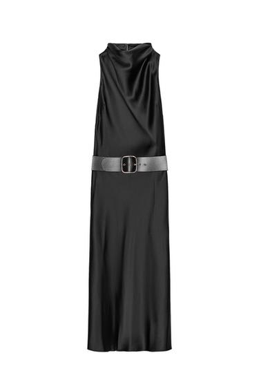 Front view of a black midi dress without sleeves, high neck, wide belt, and back closure with hidden buttons.
