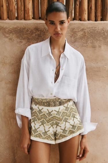 EMBROIDERED MIRROR BERMUDA SHORTS - ecru/khaki by Zara