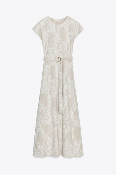 Zara 提花腰帶洋裝 - 裸色 / 米色