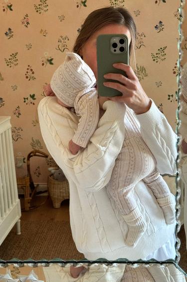 Zara LITTLE FLOWERS PRINT POINTELLE BODYSUIT AND LEGGINGS MATCHING SET - Ecru