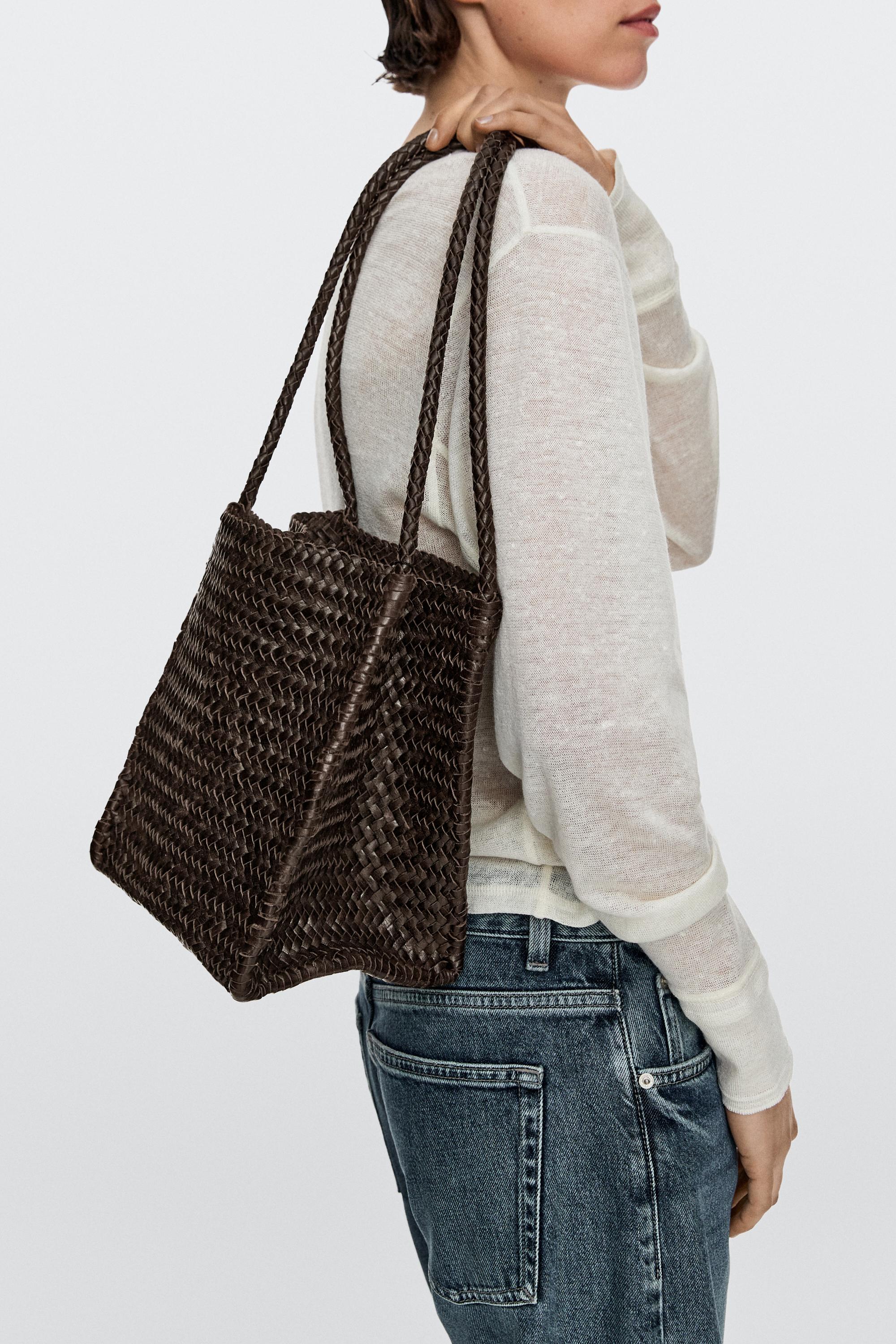 Nappa leather woven bucket bag — Brown