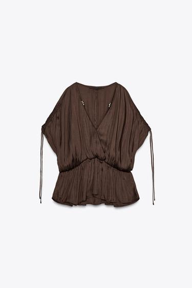 Zara RUCHED SATIN EFFECT BLOUSE - Brown