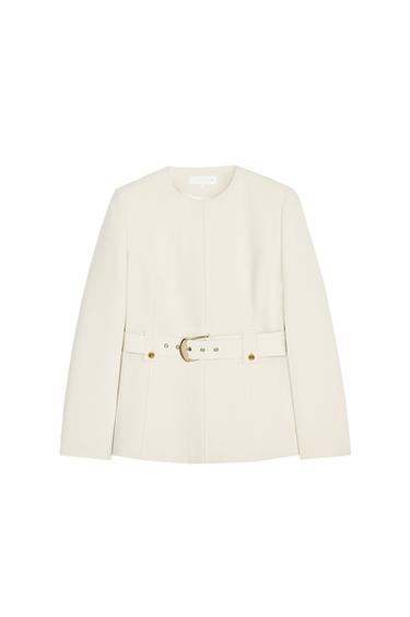Front view of a white jacket with gold belt and round neck.
