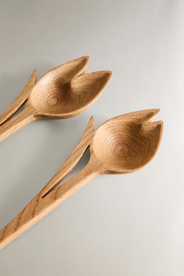SET OF WOODEN TULIP-SHAPED SALAD CUTLERY (SET OF 2) - Brown by Zara - Image 2