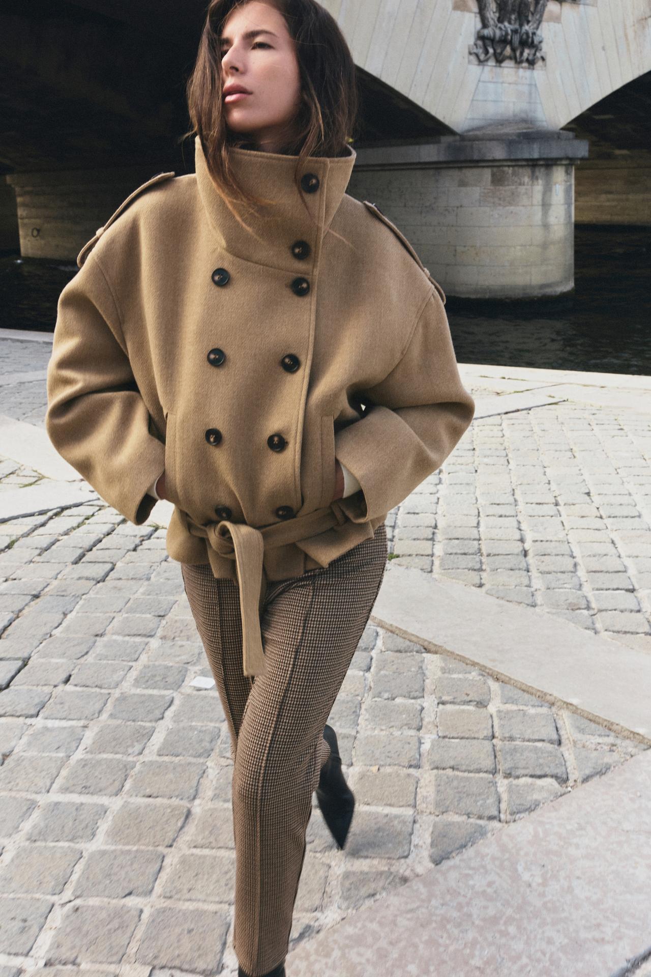 HIGH-NECK BELTED SHORT COAT — taupe brown