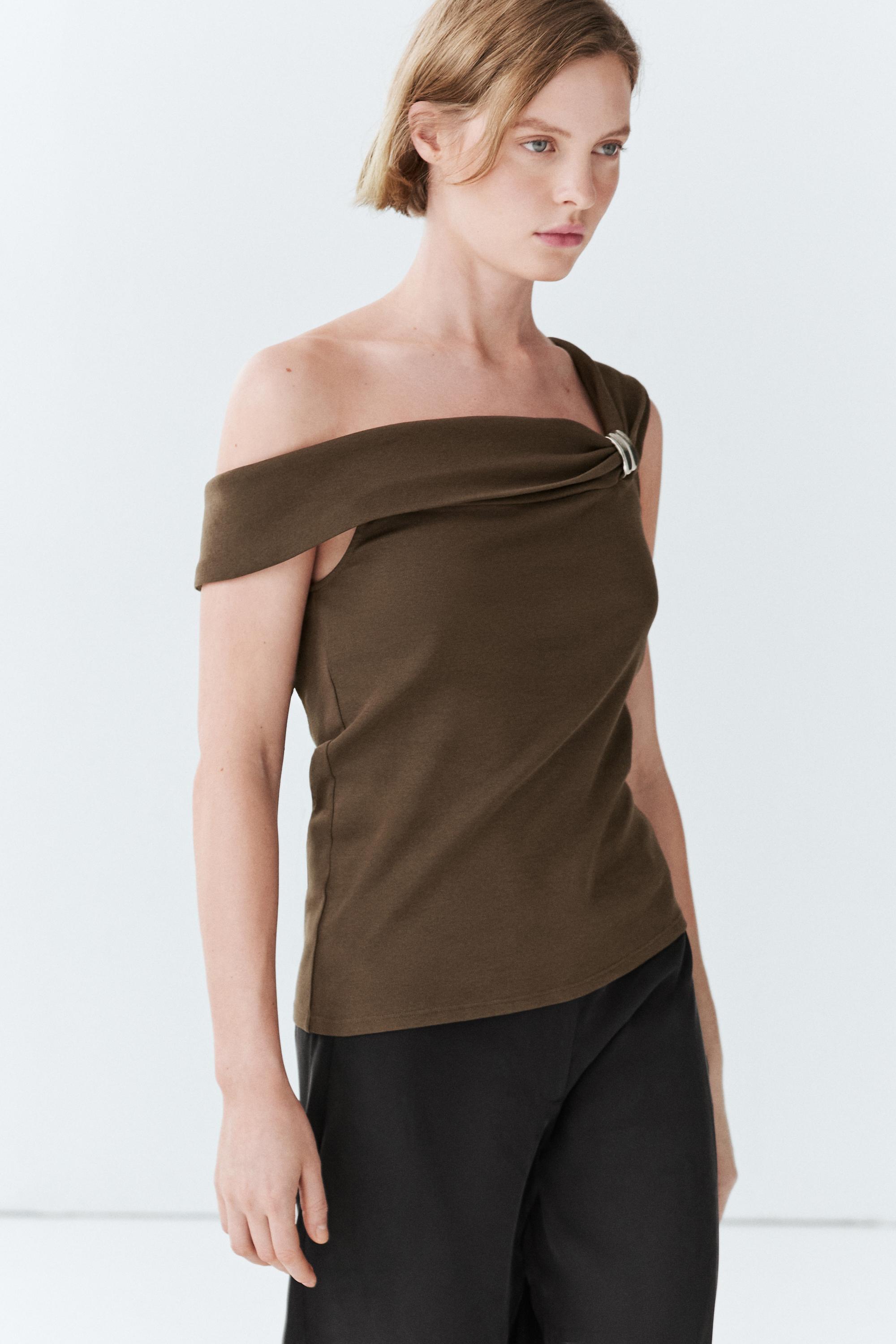 Off-the-shoulder top with jewel detail — Khaki