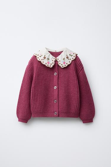 Zara EMBROIDERED COLLAR KNIT CARDIGAN - Raspberry - Image 0