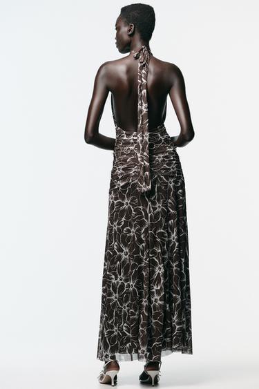 ROBE LONGUE EN TULLE IMPRIMÉ HALTER - Marron de Zara - Image 4