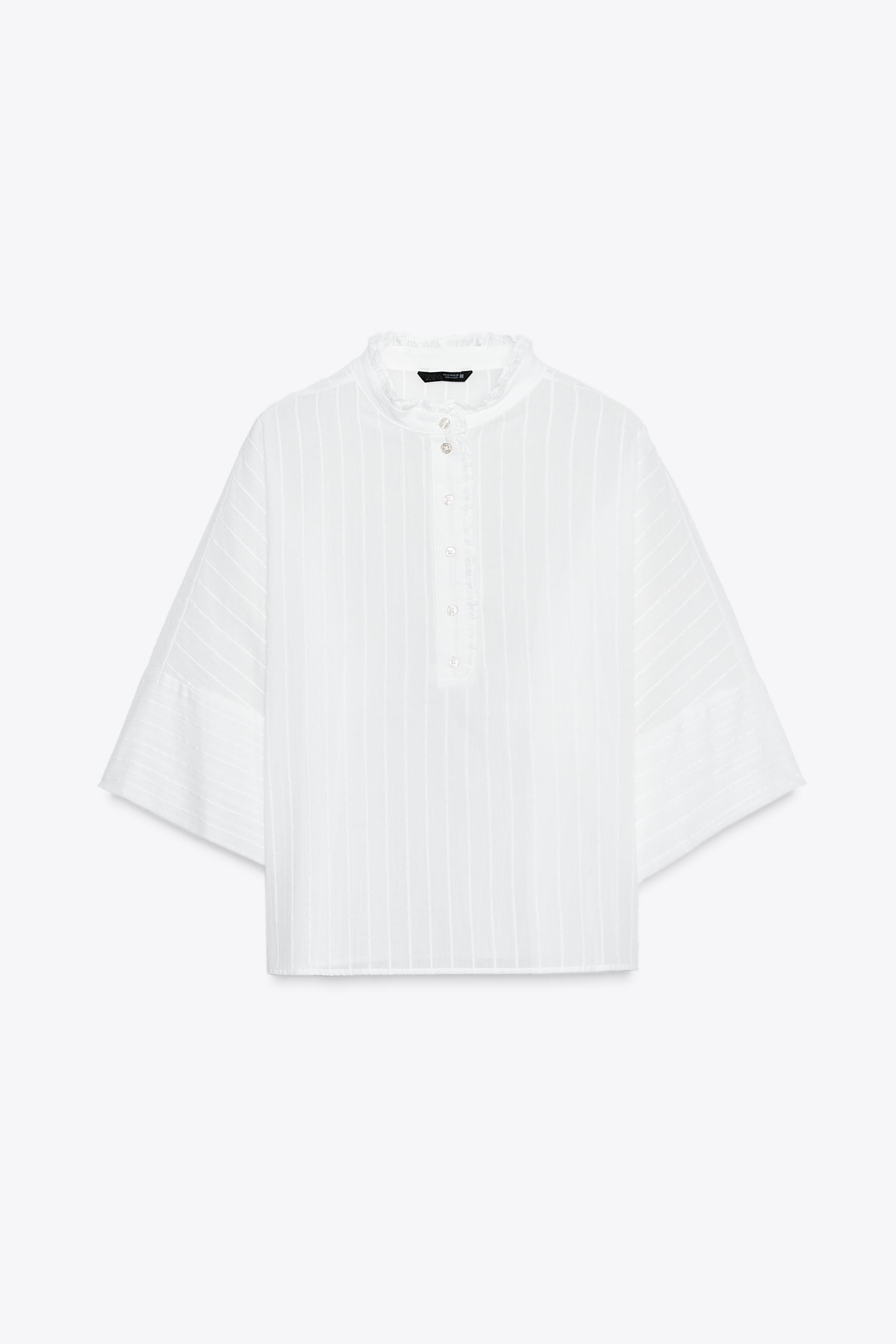 らら ホワイトXL ドット柄メッシュ地フリルネックブラウス - ホワイト | ZARA