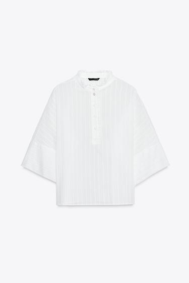 Zara 凸圓點荷葉邊領罩衫 - 白色
