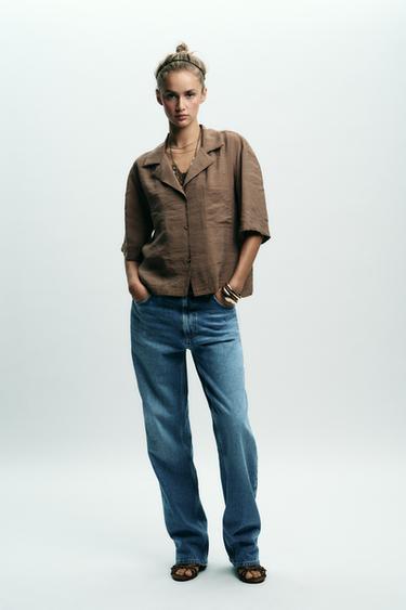 BLUSE MED FLYDENDE, KORTE ÆRMER - taupe brun fra Zara