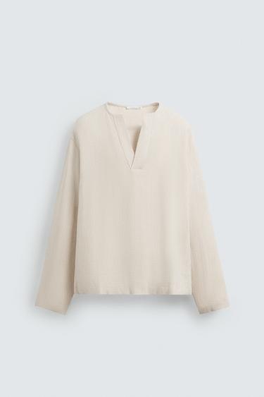 LINEN BLEND TEXTURED POLO SHIRT - Ecru by Zara
