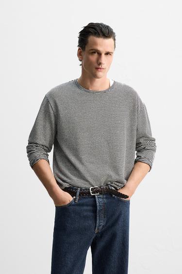 GESTREEPTE T-SHIRT VAN KATOEN EN LINNEN LIMITED EDITION - Wit / Zwart van Zara