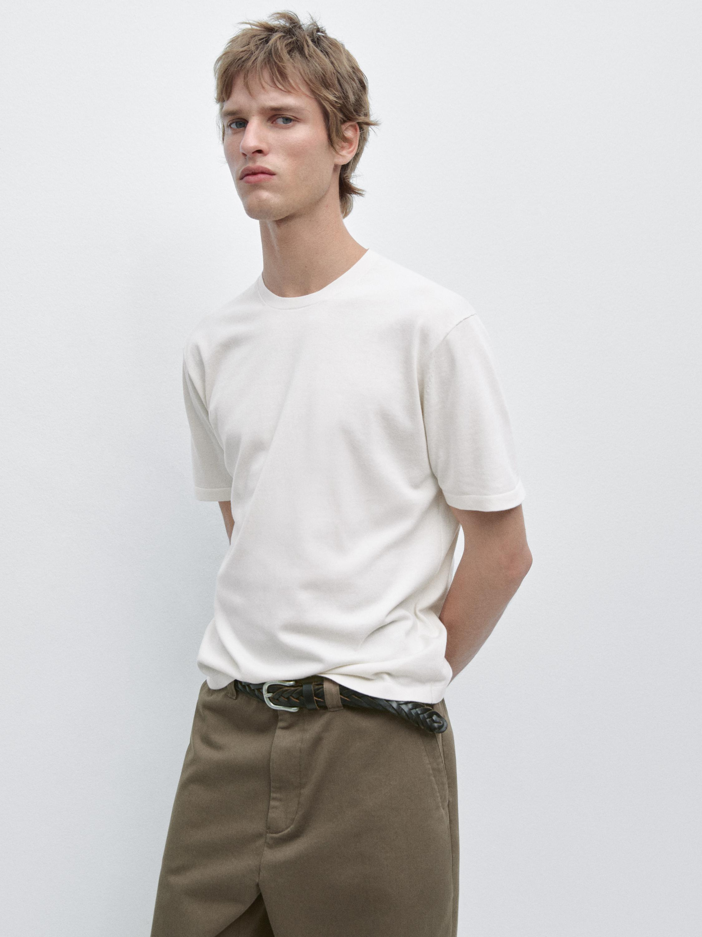100% cotton short sleeve knit sweater — Ecru