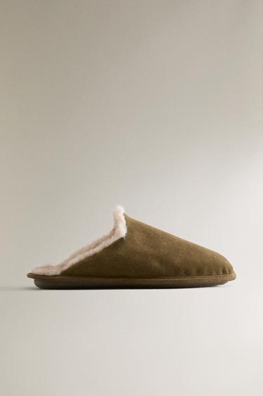 COSY LEATHER SLIPPERS - Khaki Green by Zara
